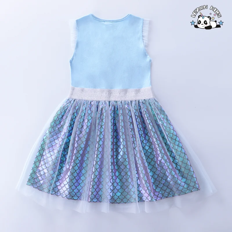 LEZONKIDS - Chegadas Recentes Vestidos de Sereia para Meninas Estampados com Malha de Escama de Peixe em Algodão, Sem Mangas, Verão, Vestidos Retos Fofo